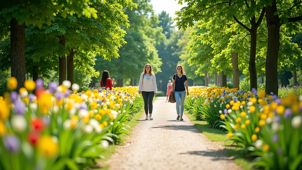 Žmonės vasarą vaikščioja tarp gėlyno takų, žiūri į rožes